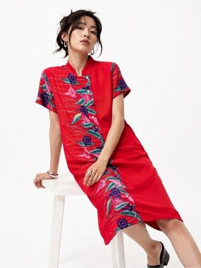 Vintage Choon California Red Floral Mandarin Collar Cheongsam Dress M